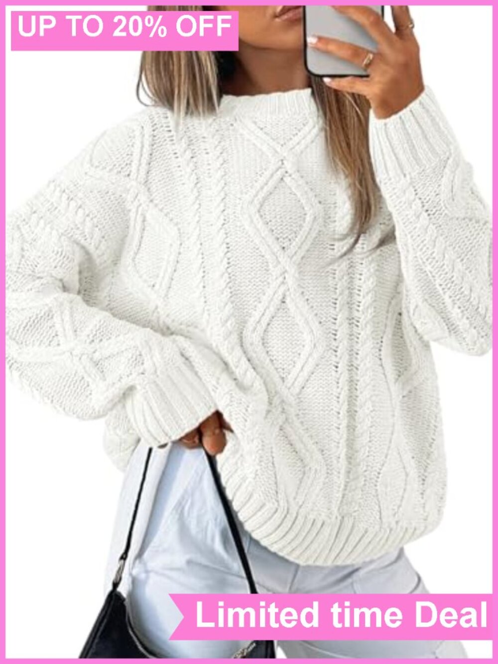 Oversized Cable Knit Sweater Cotton Blend Crew Neck Pullover